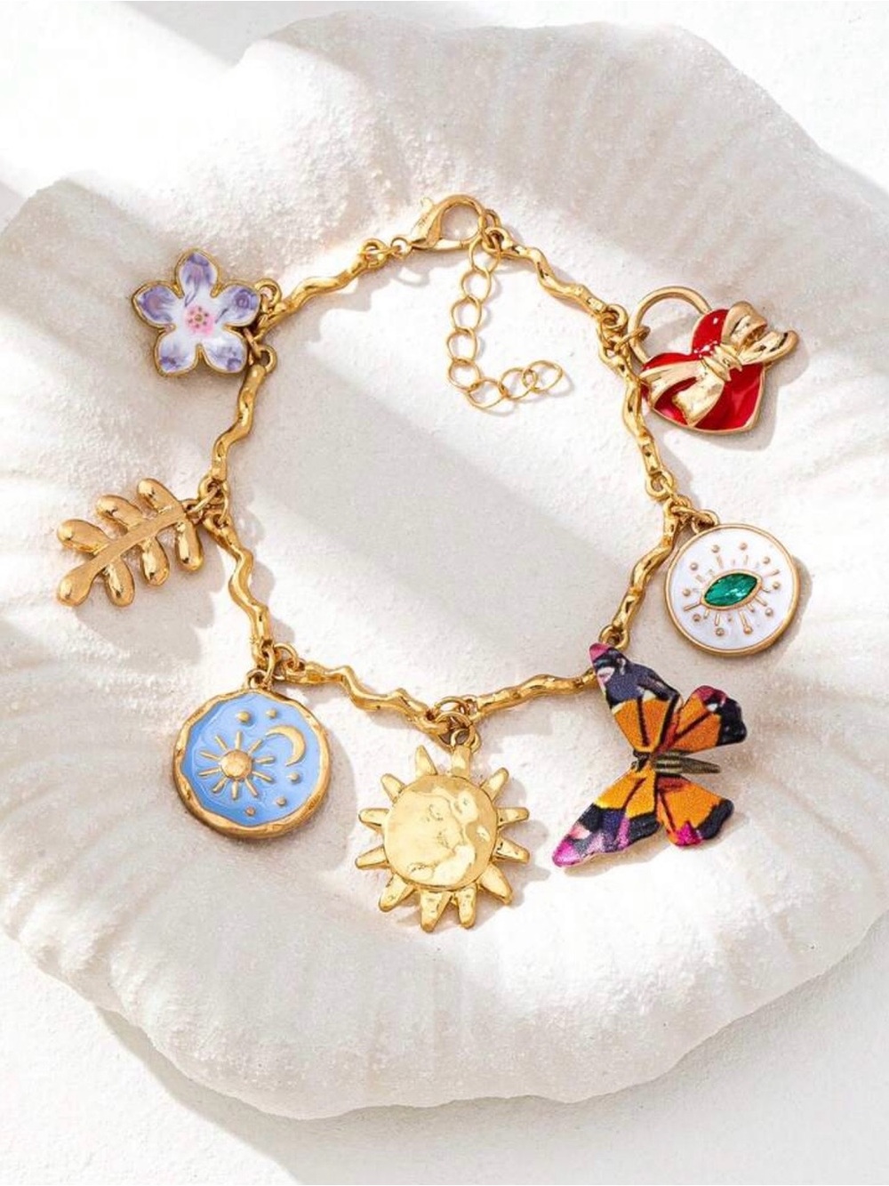 Gold Enamel Charm Bracelet with Multicolor Charms - Sun, Butterfly, Heart
